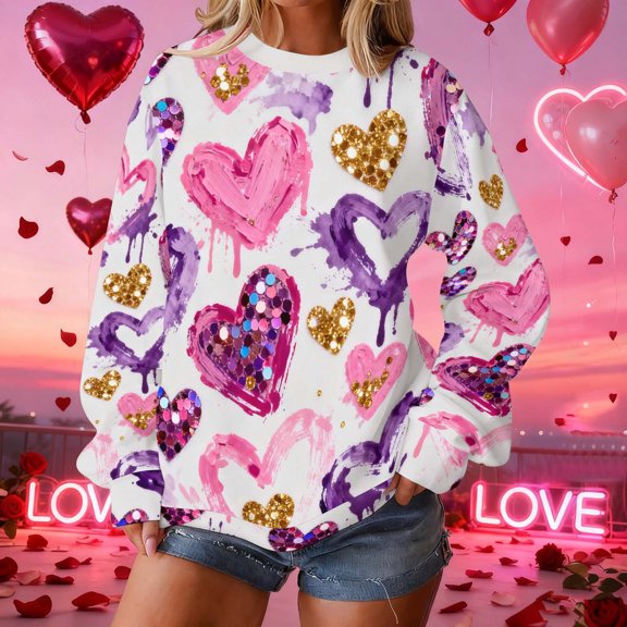 YueHuiYing Women's Valentine's Day Lover's Round-Neck Casual Sports Long-Sleeved Sweatshirt Pullover Lightweight Top