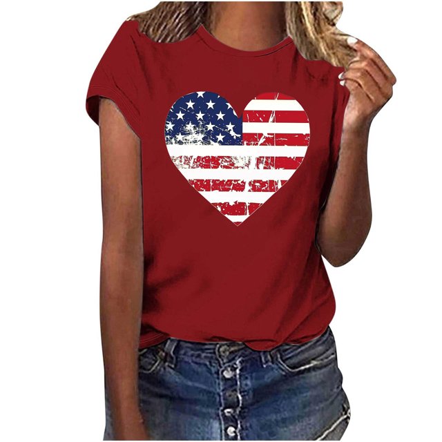 KIHOUT T-shirt Graphique d'Été pour Femmes, Imprimé 4th of July, Col Rond, Manches Courtes, Rouge 2TG