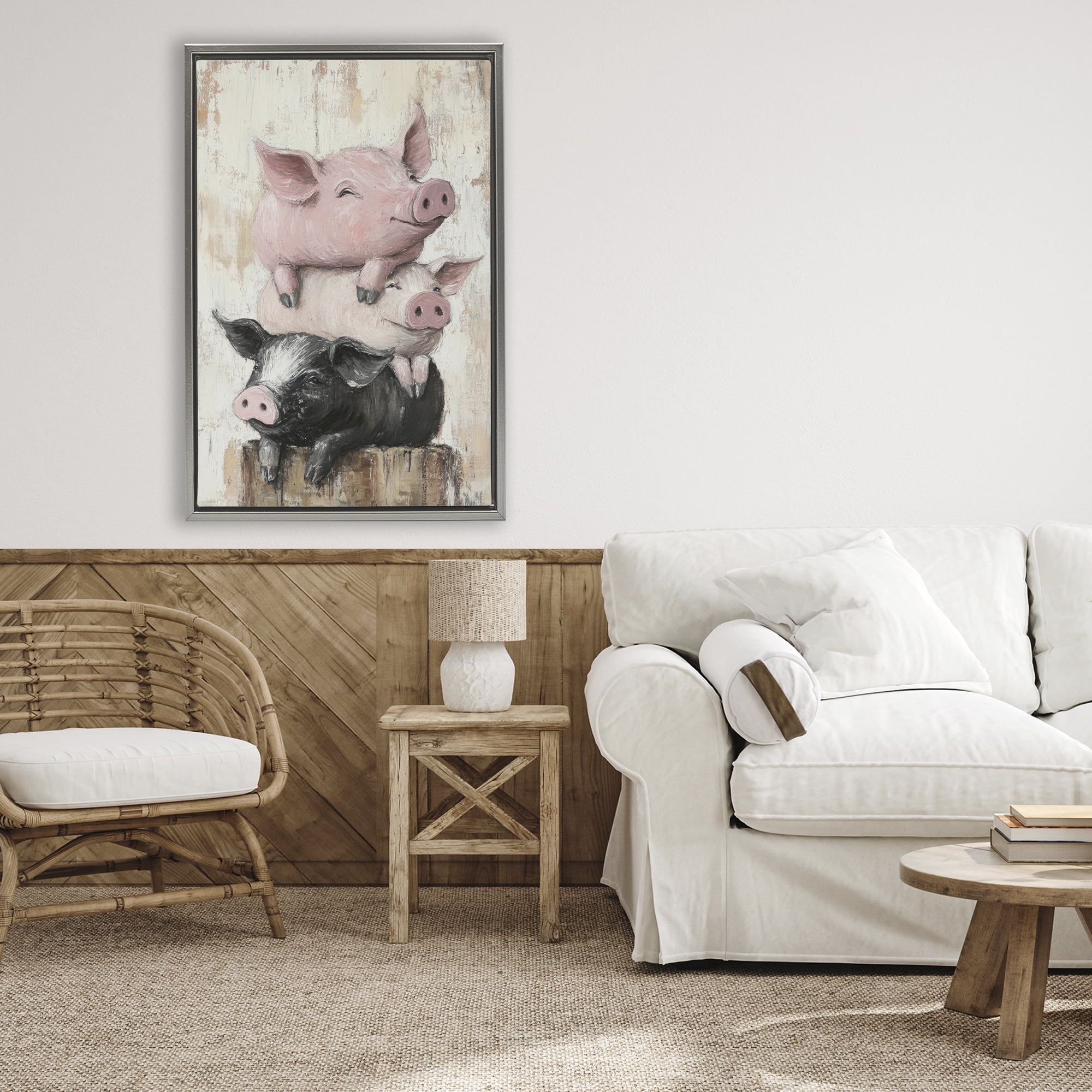 Stupell Industries Pig & Piglet Pile Gray Framed Floater Canvas Wall Art, design by Tina LeCour