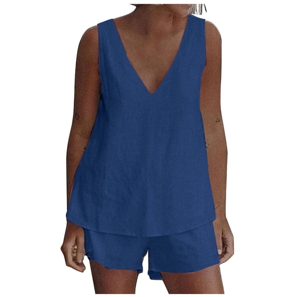 Mujeres Casual Verano Cuello en V Sólido Sin mangas Tops y pantalones cortos Conjunto de dos piezas Traje Wmkox8yi bvn1145