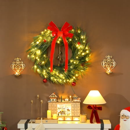 HOMCOM 36 Inch Christmas Wreath with 100 LED Lights, Prelit Christmas Wreath with 8 Modes, Frosted Branches and Ornaments for Indoor Outdoor, Green