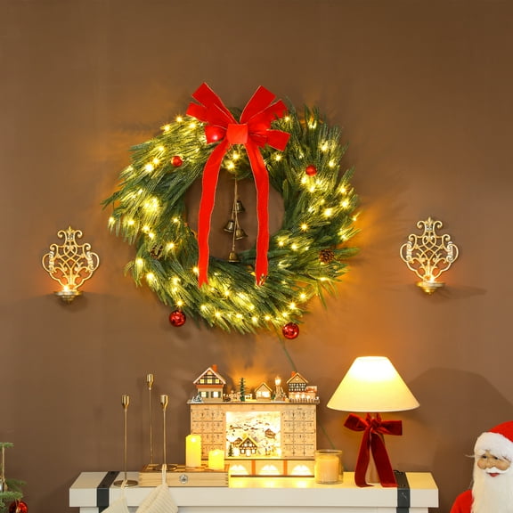 HOMCOM 36 Inch Christmas Wreath with 100 LED Lights, Prelit Christmas Wreath with 8 Modes, Frosted Branches and Ornaments for Indoor Outdoor, Green