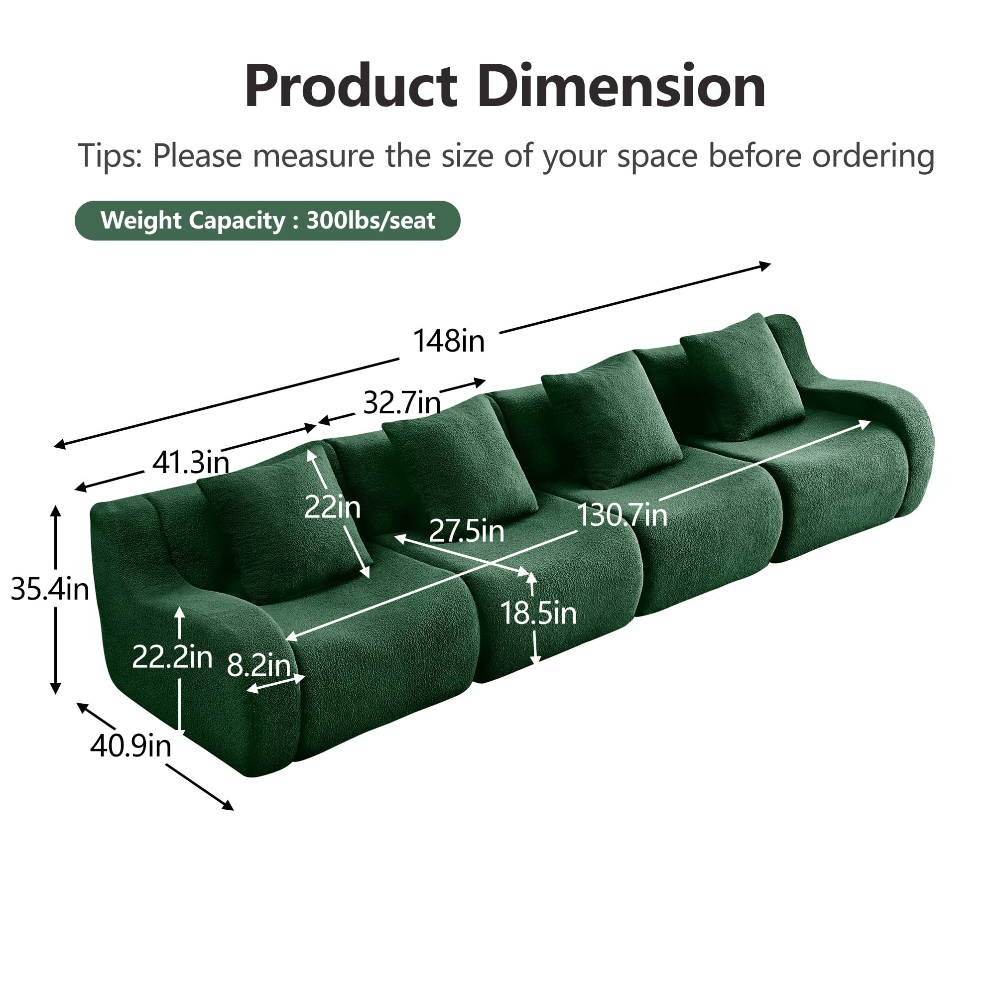 Alvantor Sectional Sofa 148" W 4-Seater Teddy Boneless Couch Modern Deep Seat Cloud Sofa for Living Room Green