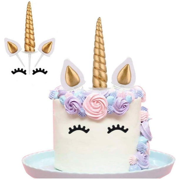 Décoration de gâteau licorne, décoration de gâteau d'anniversaire licorne  dorée faite à la main, corne de licorne réutilisable, ensemble de cils  d'oreilles, décoration de fête licorne fête d'anniversaire, mariage (doré)  