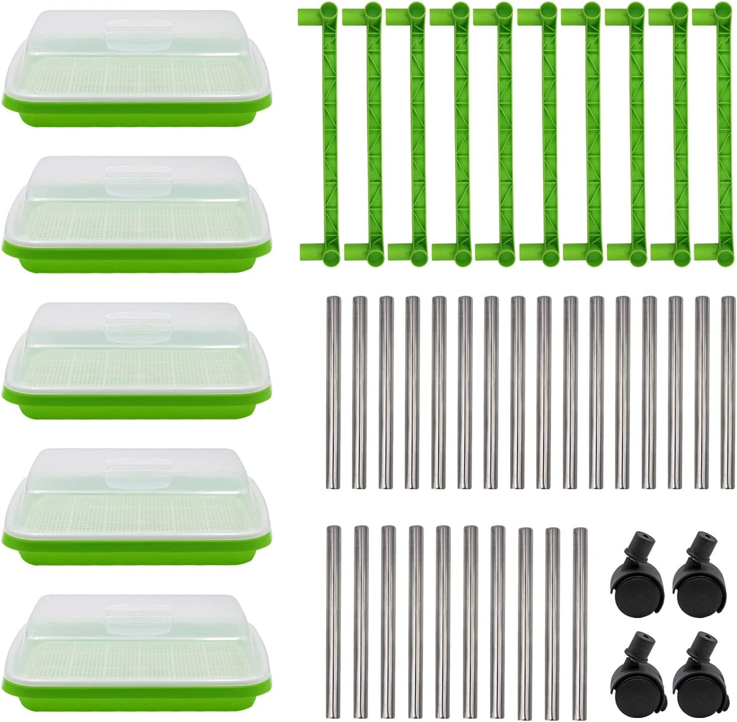 5 Layers Seed Starter Kit - Seed Sprouter Trays with Clear Lid & Stainless Steel Shelf, Soil-Free Germination Trays for Indoor/Outdoor Microgreens, Wheatgrass Mung Beans Cat Grass & Seedling Growing