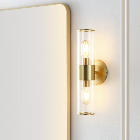 JONATHAN Y Quinn 15.5" 2-Light Mid-Century Modern Iron/Acrylic LED Sconce, Brass Gold/Clear