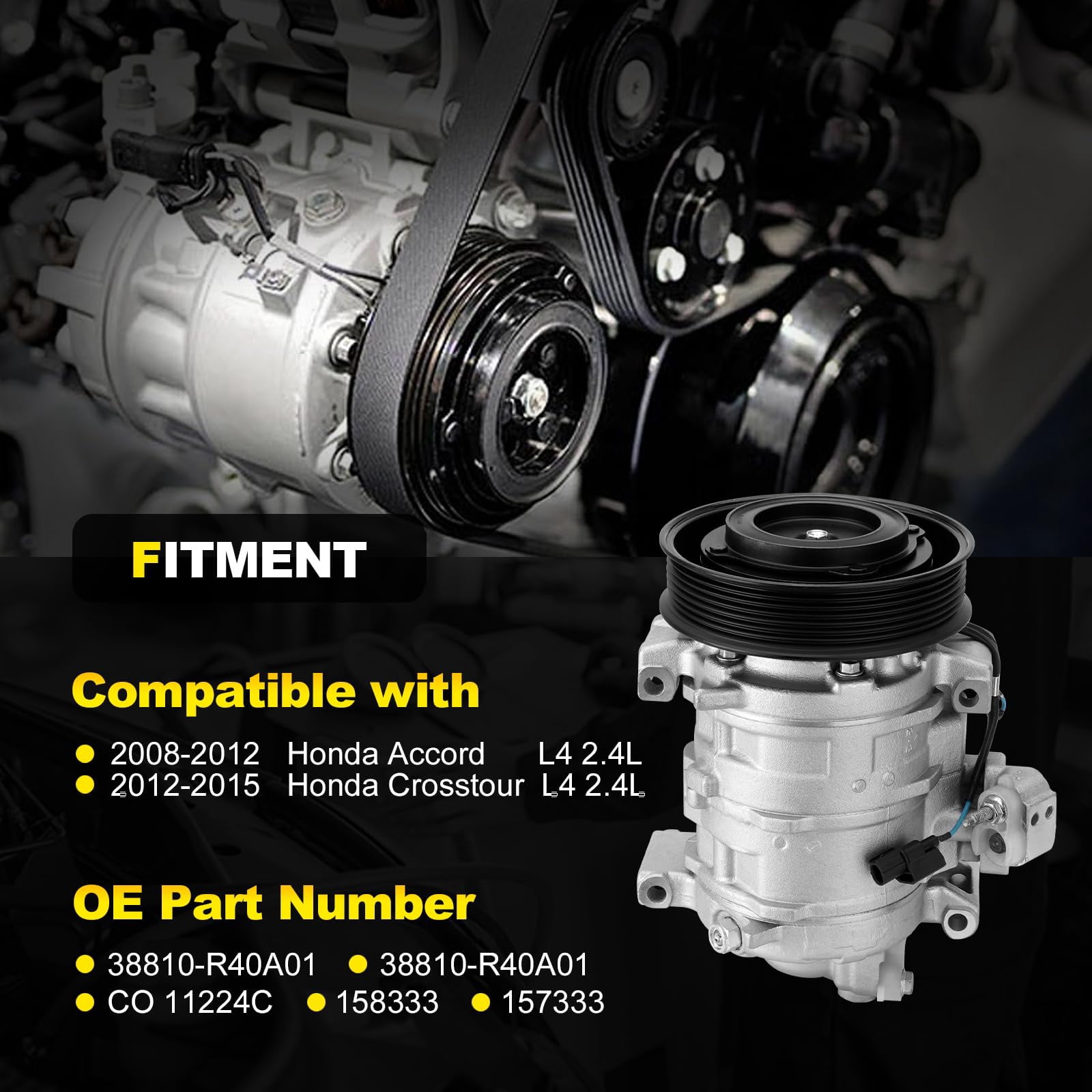 AC Compressor with Clutch with Clutch Compatible with Honda Accord 2.4L 2008-2012, Crosstour 2.4L 2012-2015 w/One Plug