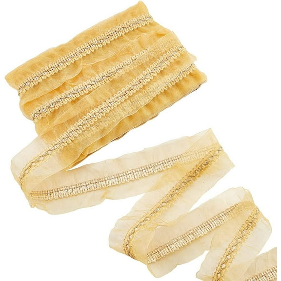 12.6 Yards Double Ruffle Trim 2-1/8 Inch Organza Ruffled Lace Ribbon Pale Goldenrod Polyester Pleated Lace Elastic Trim for Curtain Decor Costume Accessories Sewing Dress Decor Gift Wrapping Gold