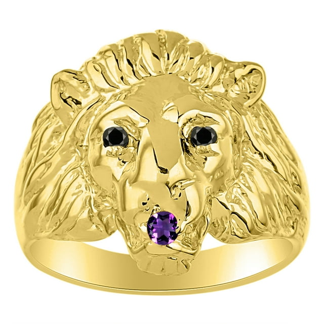 RYLOS Rings Gold Plated Silver Lion Head Ring Black Diamonds Eyes & Gemstone Mouth Fun Designer Rings Amethyst Jewelry Size 7