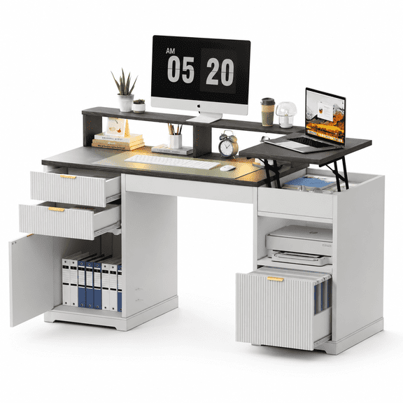 Fluted Executive Desk with Filing Cabinet and Drawers, Home Office Table Gaming Desk with Monitor Stand Lights, Cable Managerment and Charger, White&Black