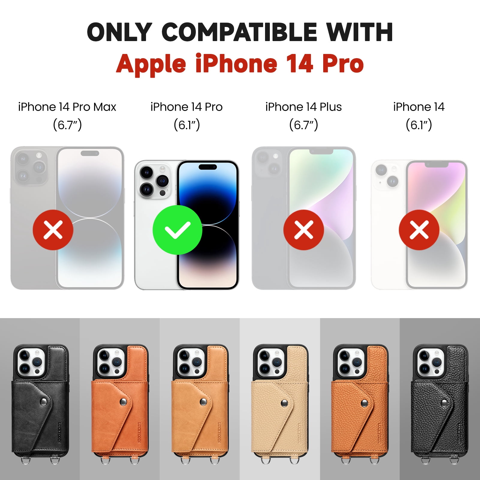 Handmade Genuine Leather Crossbody Wallet Phone Case for Apple iPhone 14 Pro 6.1-Inch,with Strap and Flip Wallet Card Holder,Shockproof Durable Scratch Protective