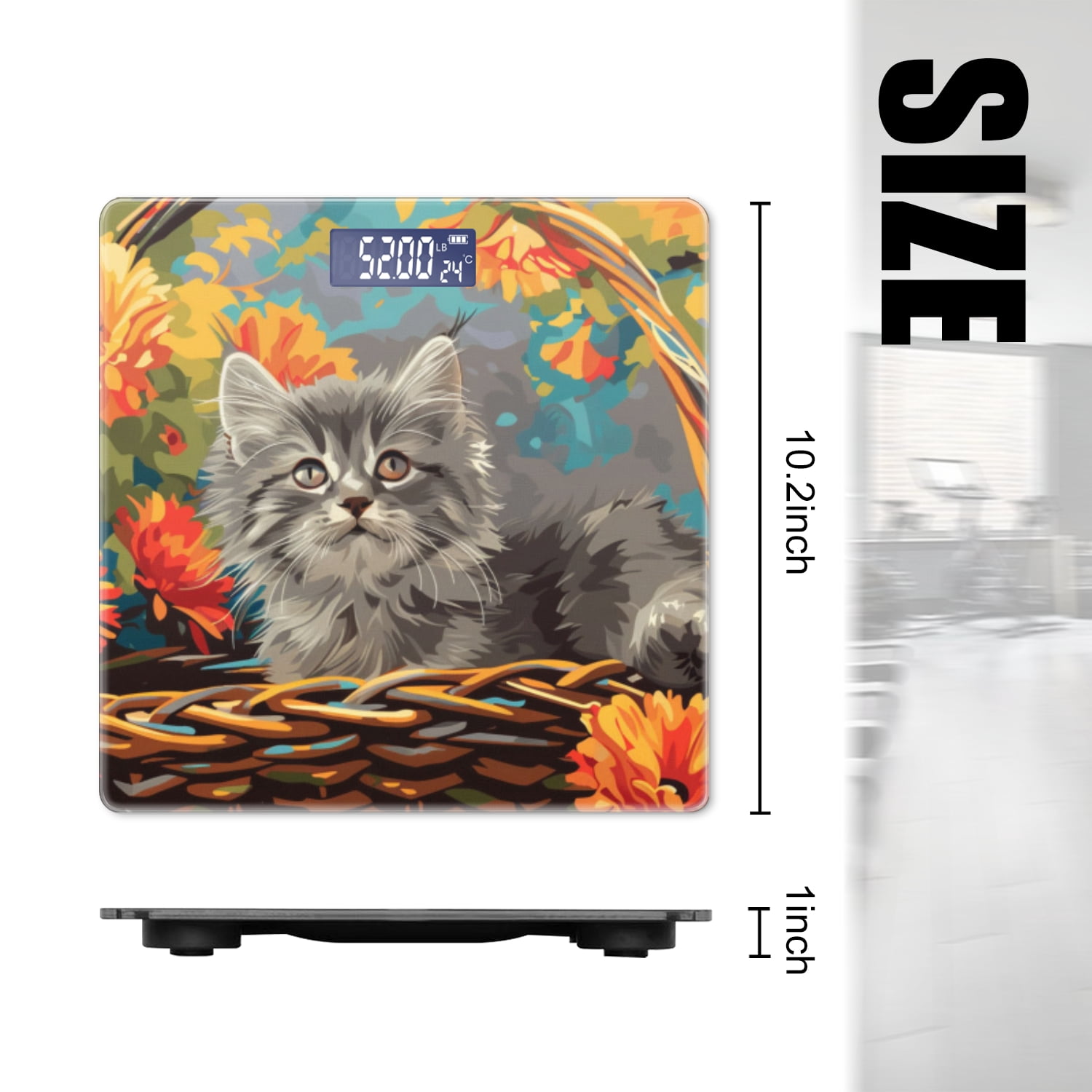 Bathroom Scale, Highly Accurate Digital Body Scale,Precisely Measures Weight up to 400 lbs-Cute Gray Kitten Sitting In Basket Of Flowers