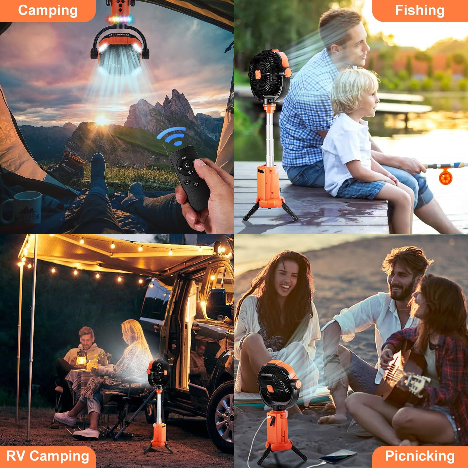 Ameitech Portable Fan - Wireless Battery Operated Fan, 20000MAH Battery, 360° Oscillating Rechargeable Fan, Remote Control & LED Lighting, Telescopic Camping Fan
