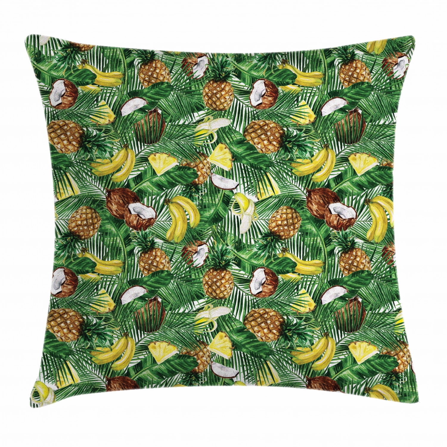 Tropical Throw Pillow Cushion Cover, Pineapples Banana and Coconut