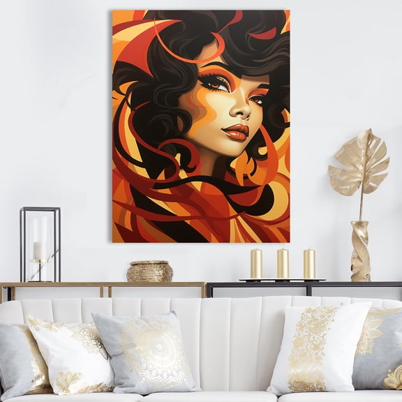 Designart "Fashion Diva Orange and Black Portrait" Fashion Canvas Wall Art - Glam Black Woman Pop Art Entryway Wall Art Print