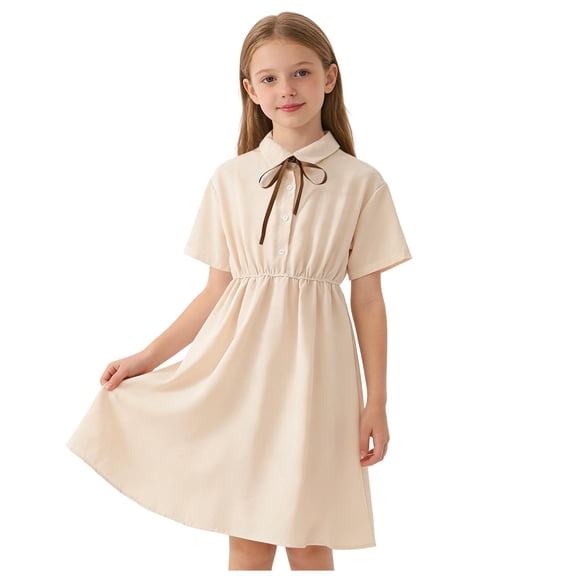 BFHHYA Big Girls School Uniform Dress Button Down Short Sleeve Collar Dress Teens Lightweight Summer Dress with Bow Tie 7-16 Y
