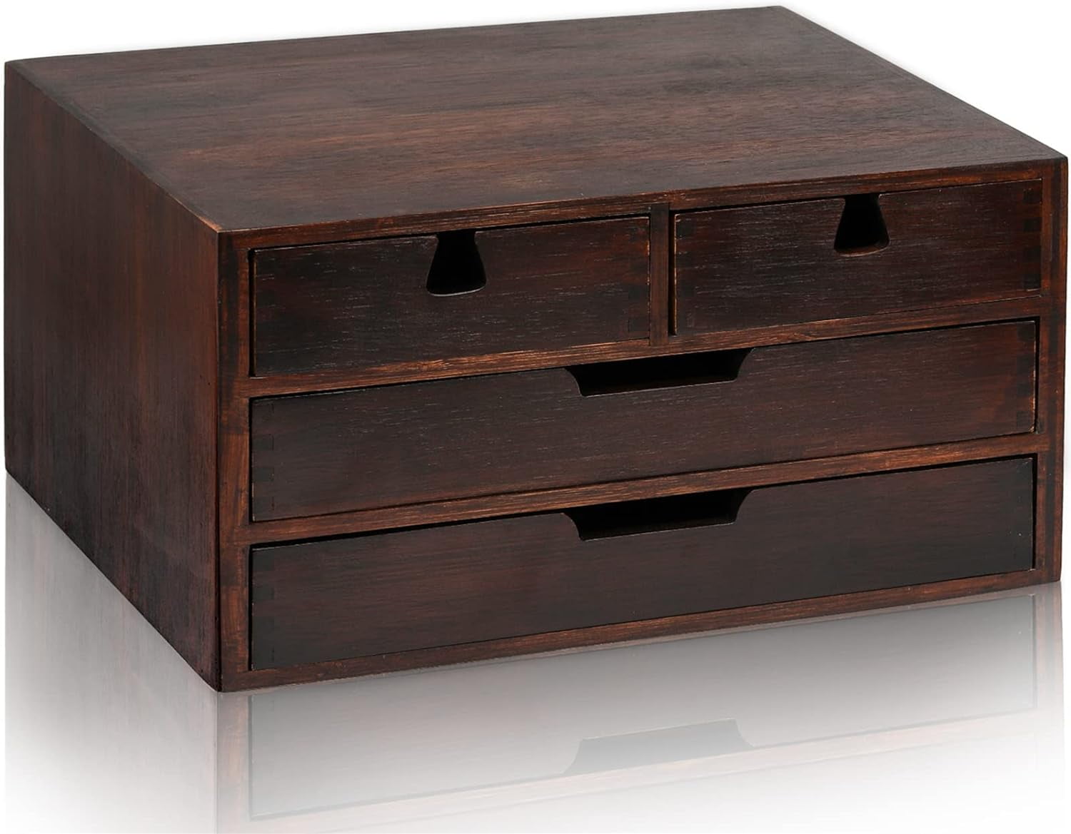 Bamboo Desk Organizer, 100% Natural Bamboo Desktop Drawer Organizer, Dark Brown Tabletop Storage Cabinet Organization Box with 4 Drawer for Makeup, Letter, Home, 3 Layer, Fully Assemble