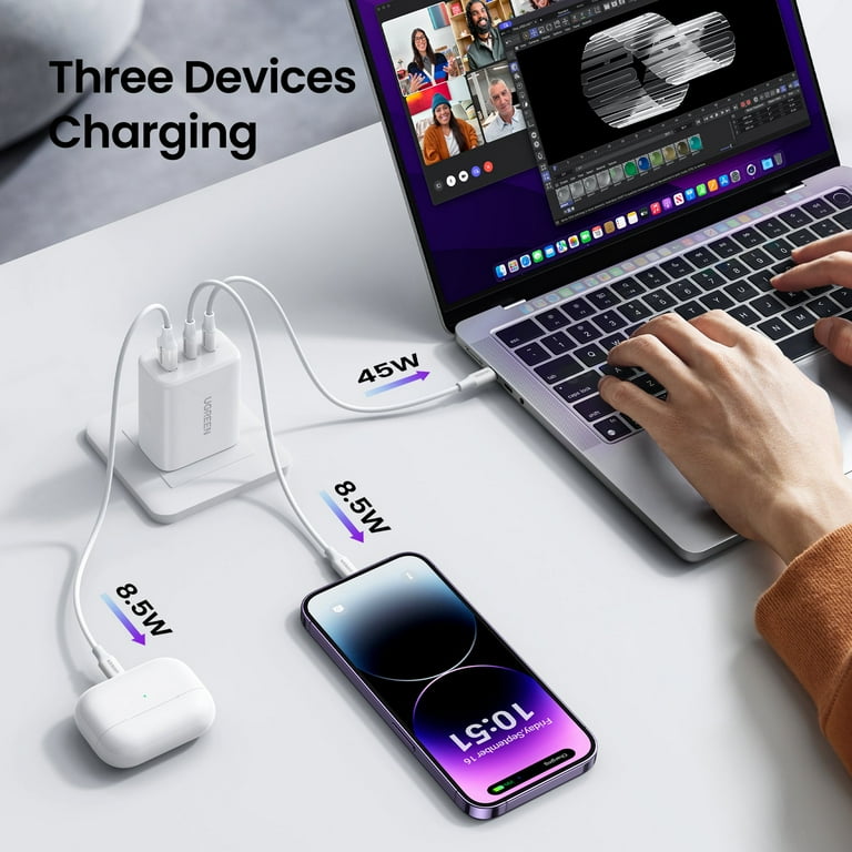 UGREEN USB C Charger 65W, 3 in 1 PD Fast Wall Charger for iPhone, iPad,  MacBook, Galaxy, White 