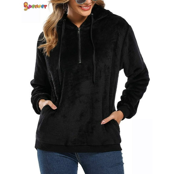 Spencer Women's Warm Fuzzy Fleece Sweatshirt Casual Loose Sherpa Pullover Hoodies with Pockets Oversized Outwear (M, Black)