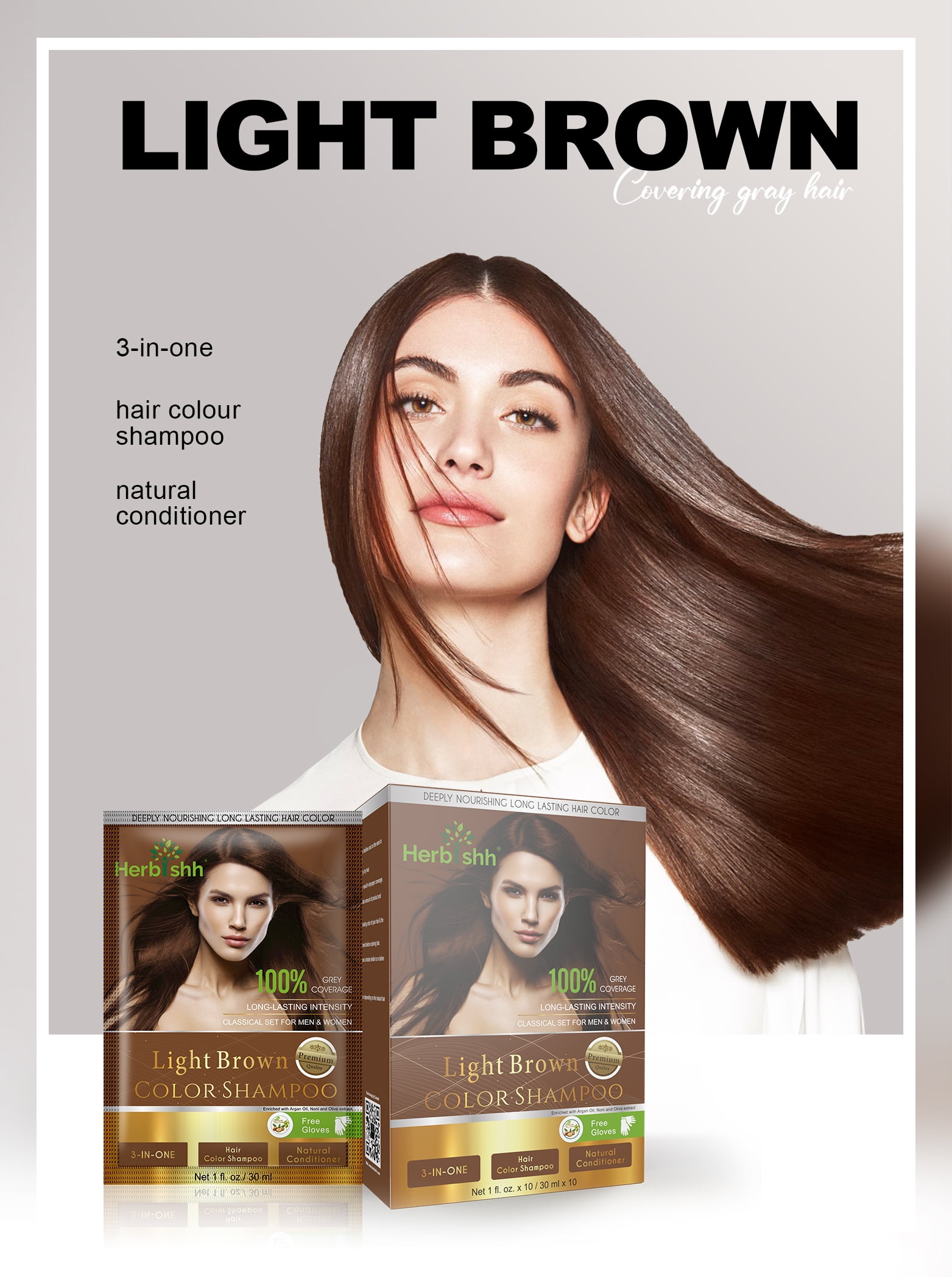 (6 pack) Herbishh Hair Color Shampoo for Gray Hair, Men & Women, Travel Size, 10+1 Pack (Light Brown 30 ml)