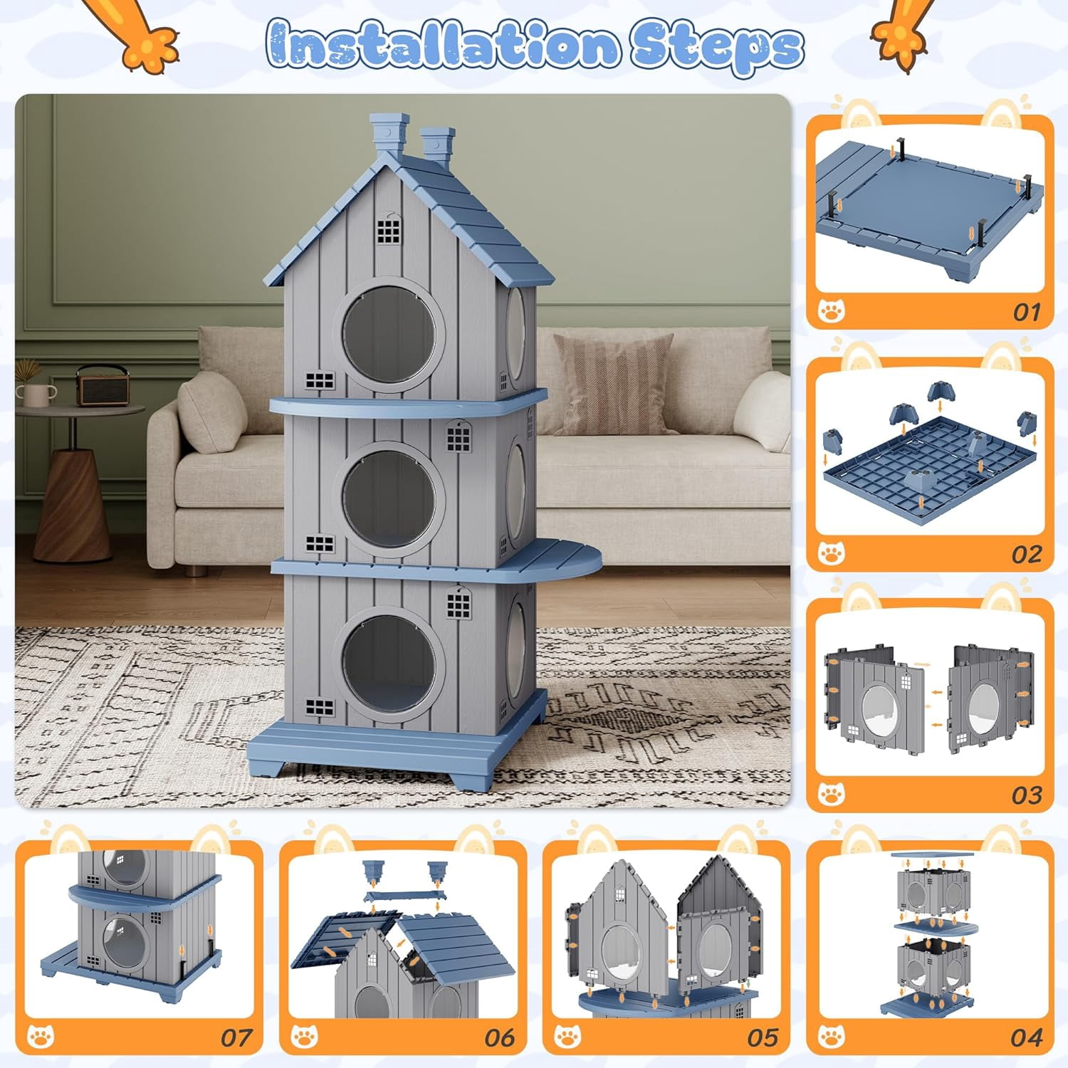 FICARTS Indoor/Outdoor Cat House, Weather-Resistant Pet Shelter with Elevated Base, Multi-Entry Cat Cottage for Feral & Household Cats