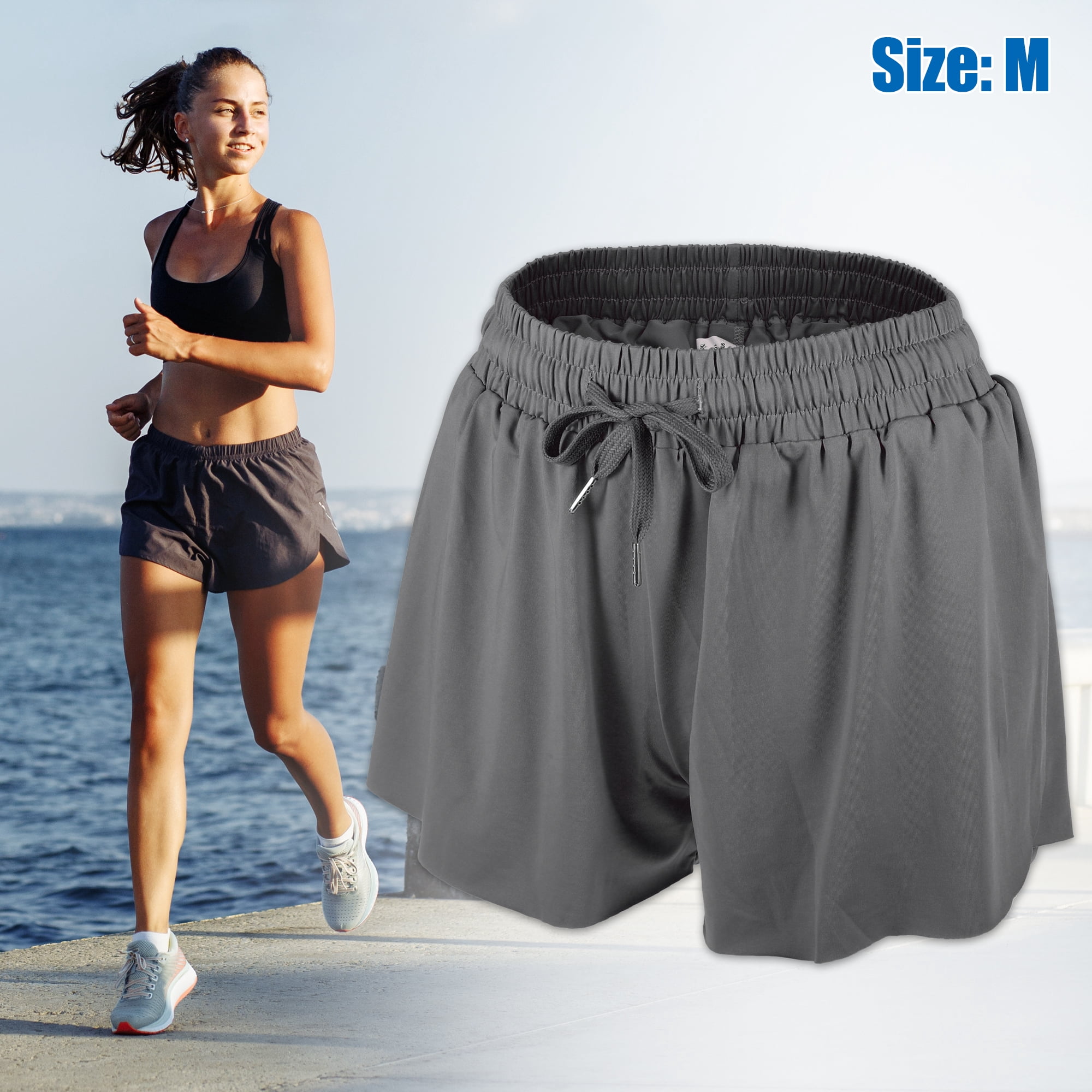 Unique Bargains 1Pcs Women Flowy Running Shorts Casual High Waisted Workout Shorts M Dark Grey