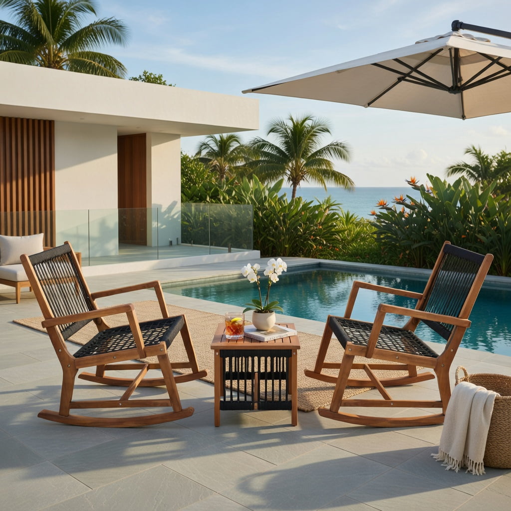Hommoo 3-Piece Outdoor Acacia Wood Rocking Bistro Set with Breathable Plastic Rope Chairs & Square Coffee Table, Navy