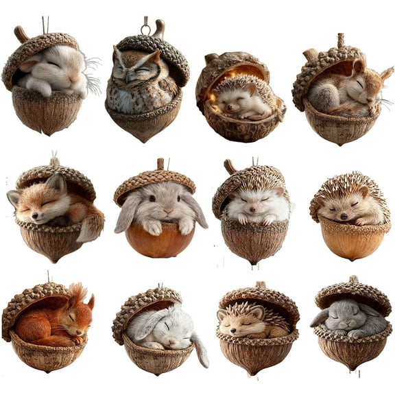 12PCS Forest Animal Acorn Ornaments, Cozy Forest Woodland Christmas Ornaments, Pine Cone Animal Deco for Christmas Tree, Squirrel Acrylic Hanging Ornament for Home Decor