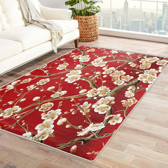 3x5 Rug, Chinoiserie Rug & Home Decor - Front Door Mat Indoor Entrance, Chinese Red and Gold Rugs for Entryway, Washable Non Slip Soft Small Area Rug, Cherry Blossom Carpet & Room Decorations X-&266