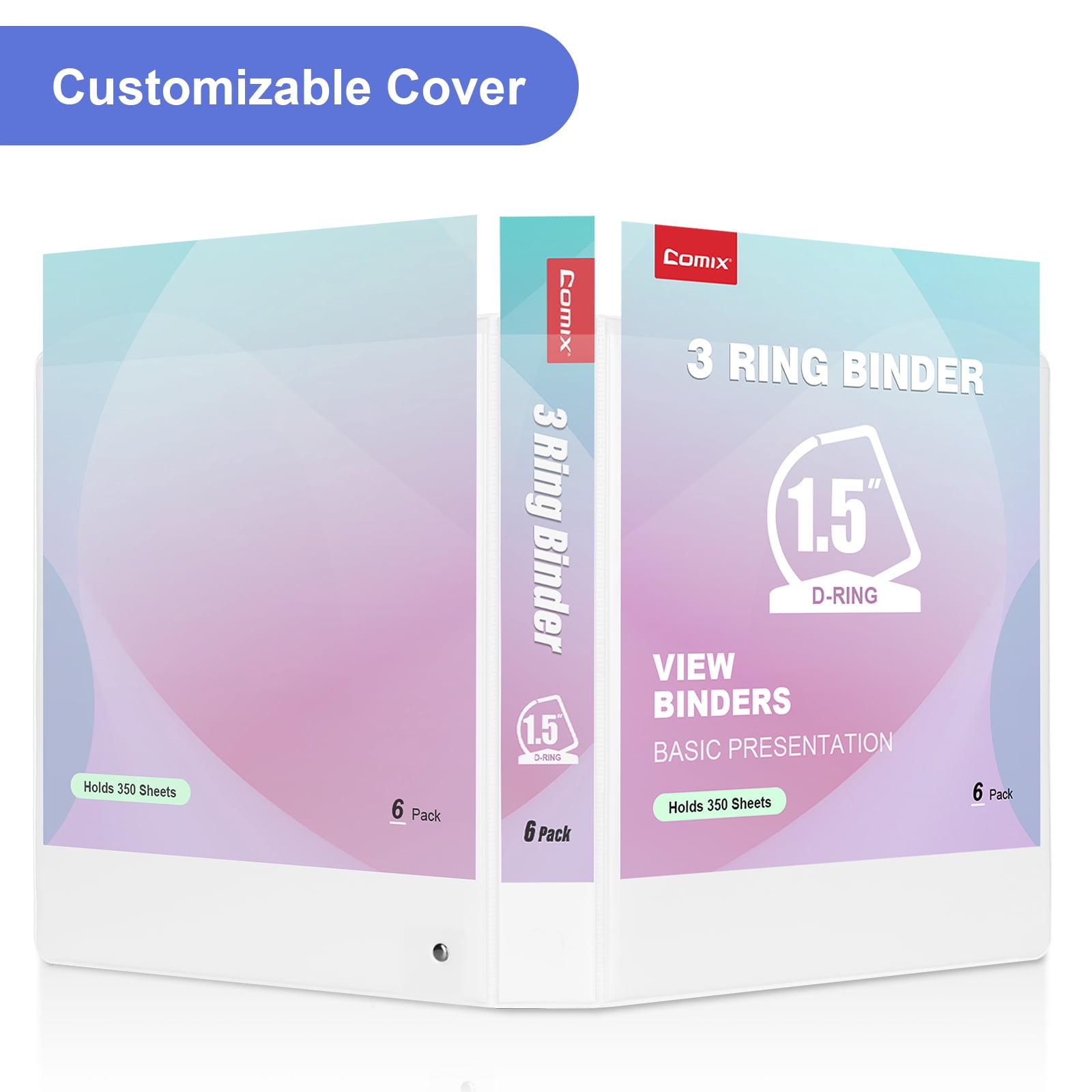 Comix 1-1/2 inch 3 Ring Binder with Clear Cover, 1.5  inch D Ring, Fits Letter Size, Holds 350 Sheets, School Office Supplies, 6-Pack White