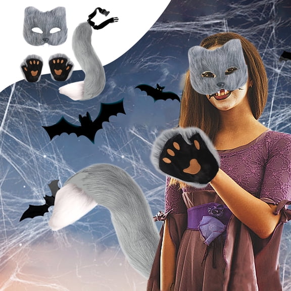 Honeeladyy Halloween Custom Set of 4, Cat Wolf Cosplay Costume Set - Faux Fur Fox Tail Plush Mask Fluffy Paw Gloves - Halloween Christmas Fancy Party Costume Gifts for Women