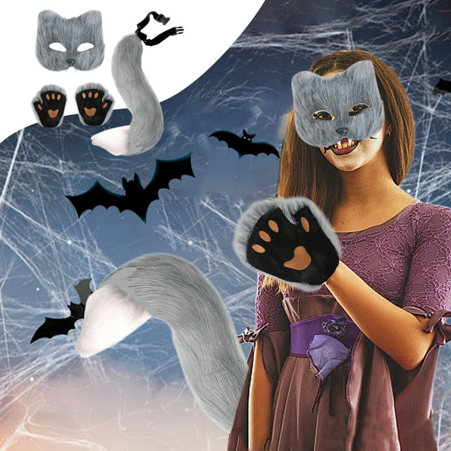Lisbinx - Juego de orejas y guantes de cola de lobo y zorro (poliéster), disfraz de Halloween y Navidad para mujer, 56 x 28 x 15 cm