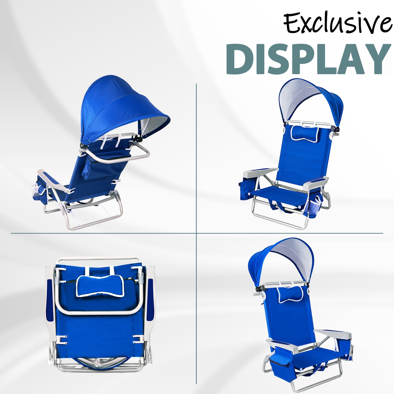 SUNSPIRE Beach Chair with Detachable Canopy for Adults, Lay Flat 5-Position Aluminum Folding Chair Adjustable Umbrella with Cooler Bag Holder, 2pcs