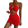 thumbnail image 2 of VISgogo Vestido ajustado para mujer, vestido de cadera calado con lazo fruncido y cuello halter cruzado liso, trajes de fiesta cortos ajustados para mujer VISgogo moda, 2 of 9
