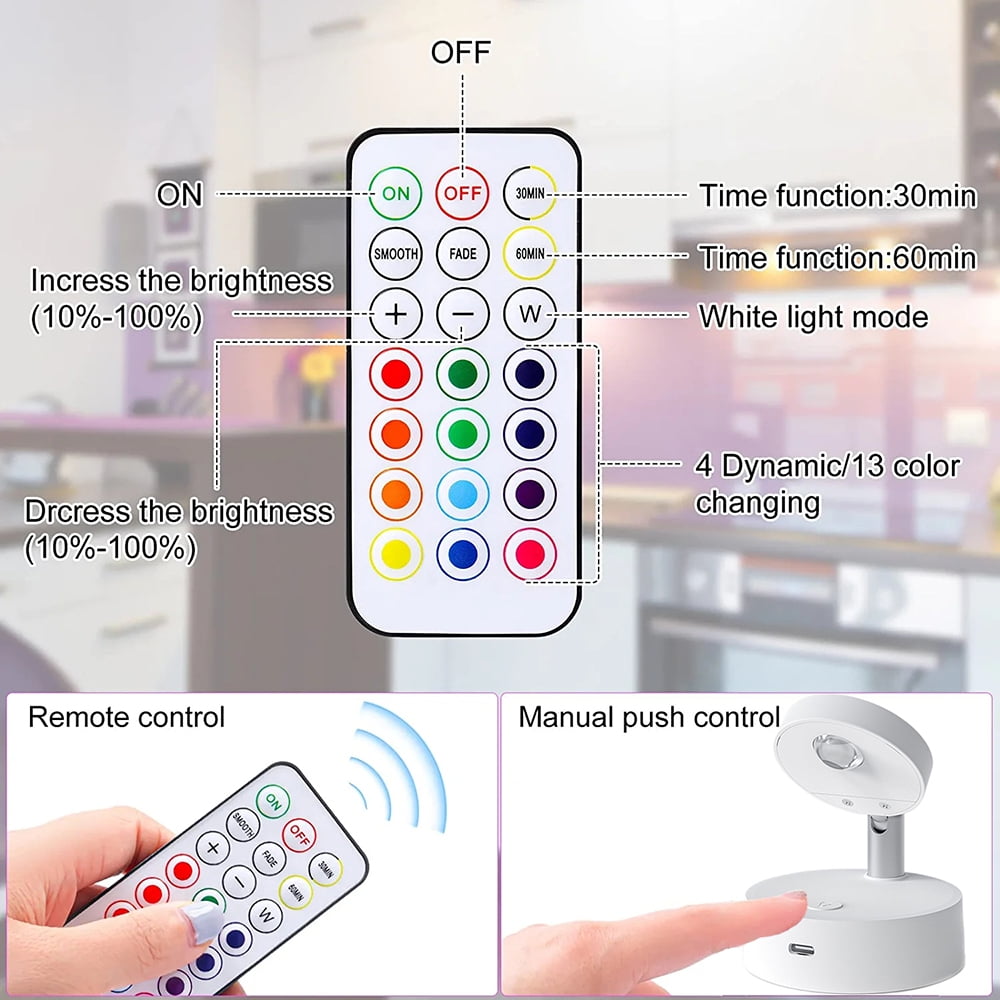 Wireless RGB Remote Control Spotlight Rechargeable Accent Lights LED Puck Light Dimmable Timer Uplight with Magnet Stick-on Anywhere for Lighting Up Painting Picture Artwork Closet Showcase,4Pack