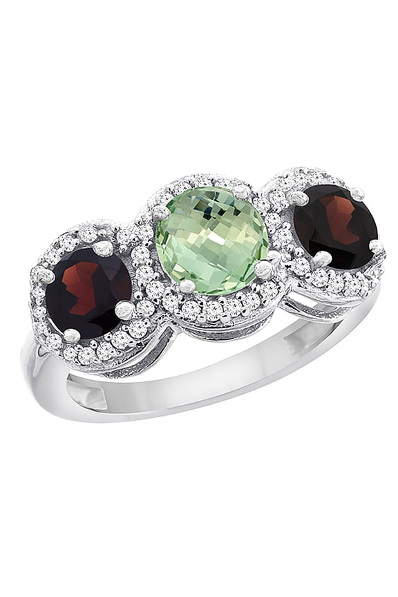 14K White Gold Natural Green Amethyst & Garnet Sides Round 3-stone Ring Diamond Accents, size 9.5
