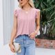 thumbnail image 5 of Camiseta de mujer con cuello en V y volantes de manga suelta con ribete de encaje de color puro con abertura en la espalda, 5 of 6
