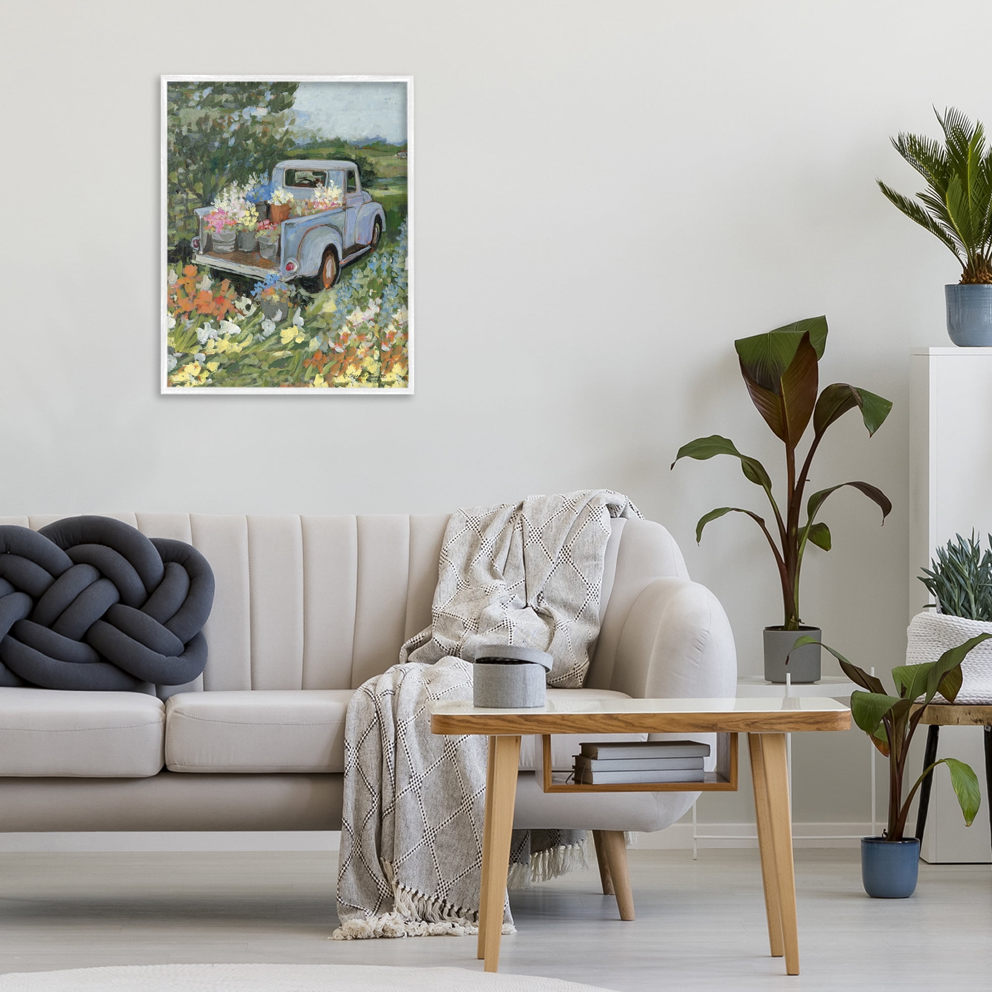 Stupell Industries Truckin' Field with Flowers White Framed Giclee Art, design by Susan Winget