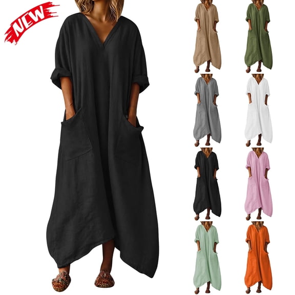 Taqqpue Women's Summer Dress Plus Size Short Sleeve Casual Cotton Linen Long Dress Crew Neck Button Summer Beach Maxi Dress