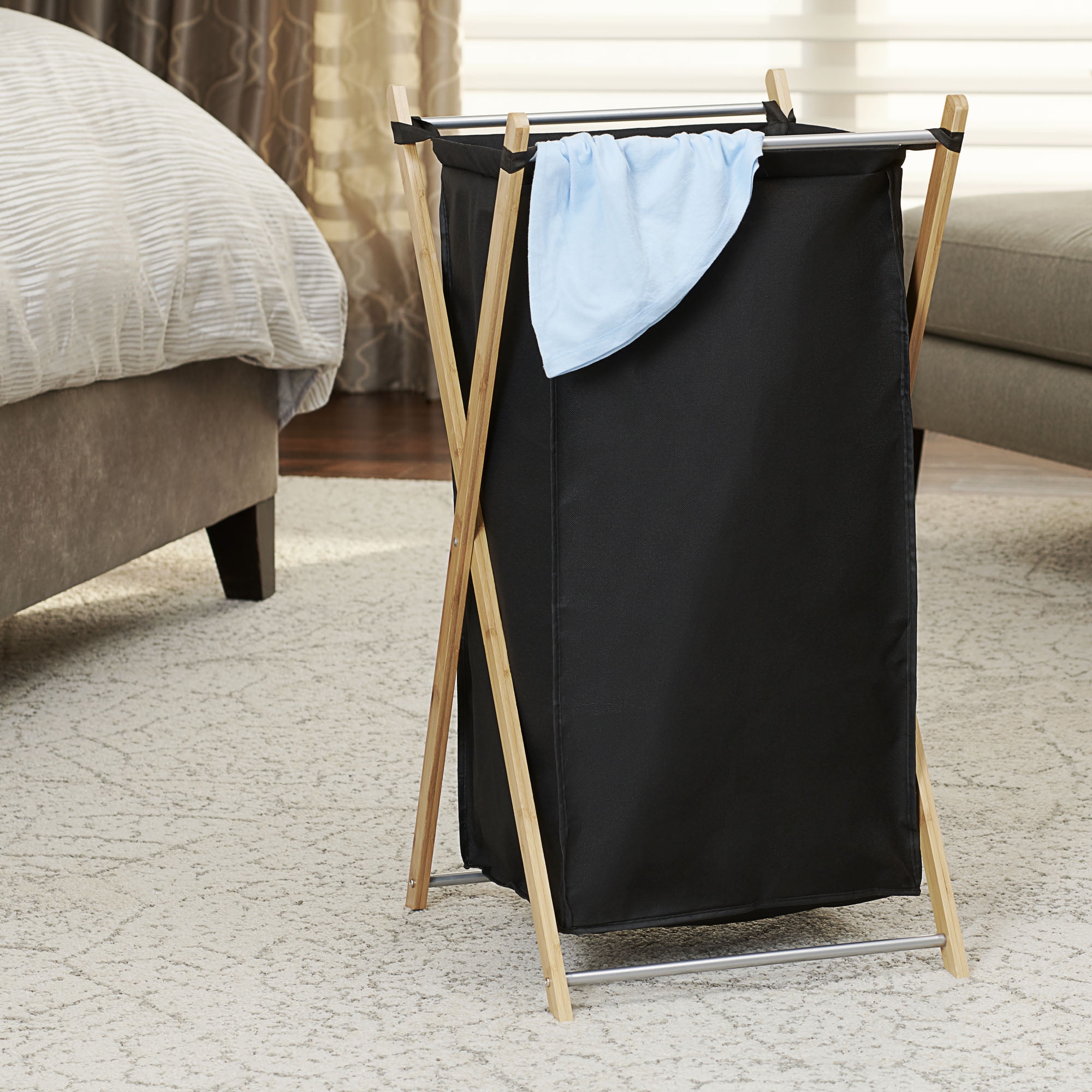 Household Essential 6540-1 X-Frame Laundry Hamper, Bamboo Frame with Black Canvas Bag