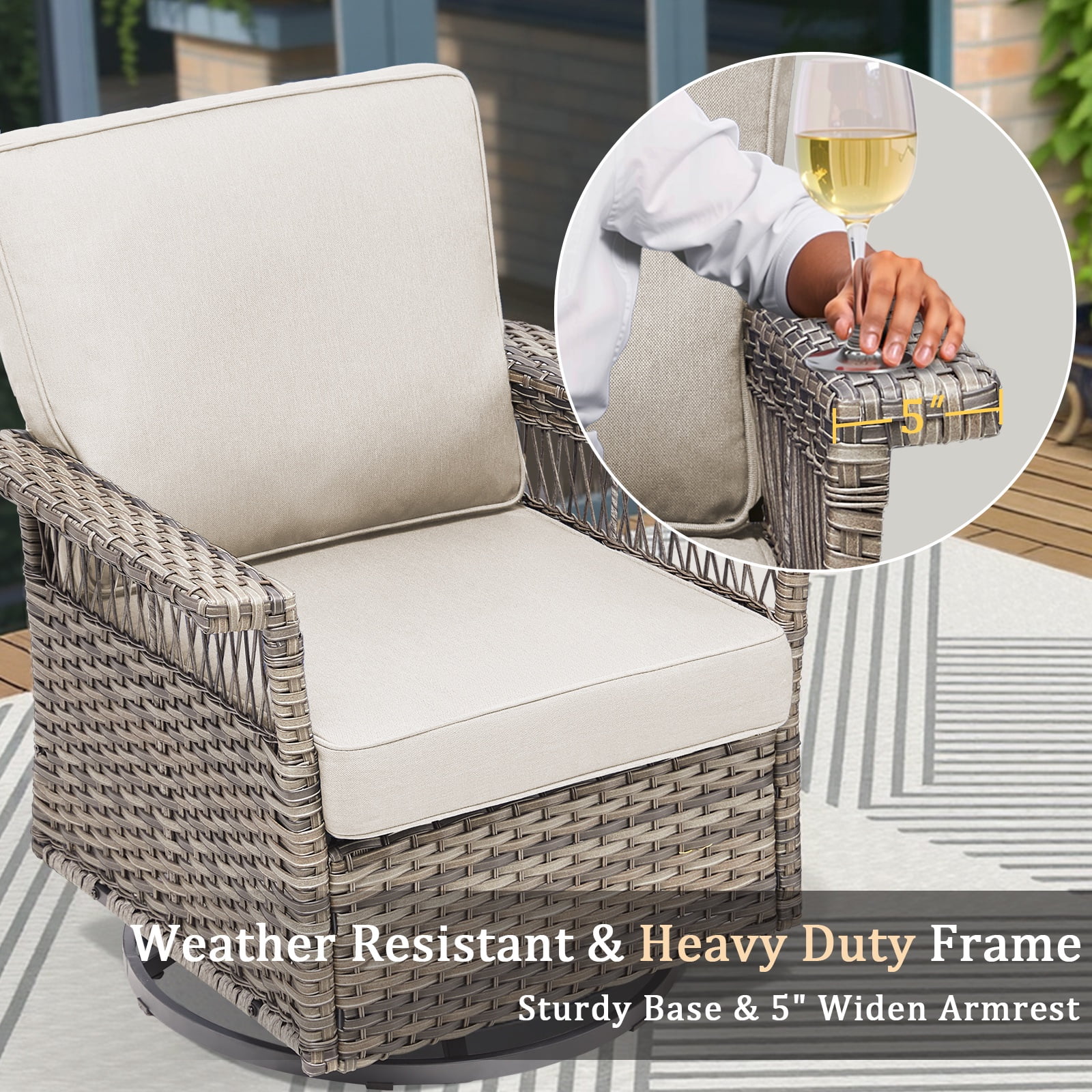 Lumiinofami 5 Piece Patio Furniture Set, Wicker Outdoor Patio Conversation Swivel Glider Rocker Chairs Set with Ottomans and Storage Side Table for Balcony Deck Garden, Beige Cushions