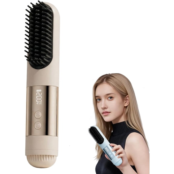 2026 Upgraded Cordless Hair Straightener Brush, 3 Heat Settings for All Hair Types, 30s Fast Heat,Cold Air Mode, 2500mAhRechargeable Straightening Brush for Travel (Beige)