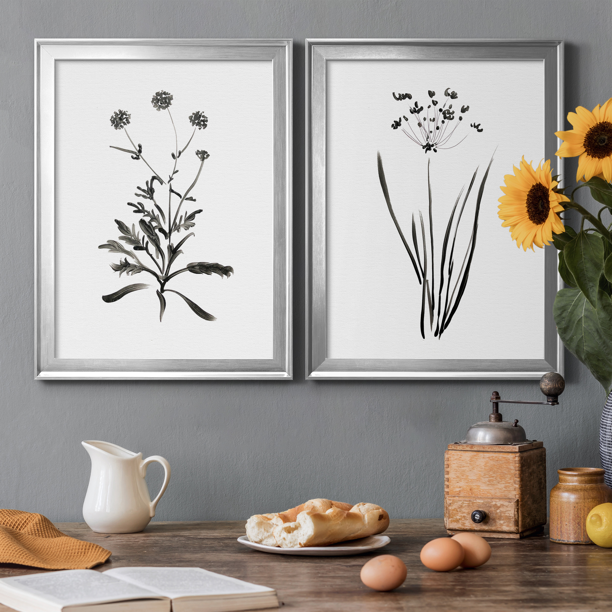 2 Piece Set Inky Botanical I Premium Framed Canvas - Ready to Hang - 18.5 x 24.5 Each - Silver Frame