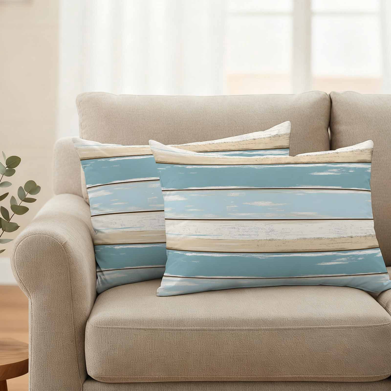 Blue Beige Wood Grain Pillow Covers 2 Pack Vintage Board Pillowcase Waterproof Outdoor Throw Pillow Cover for Patio Balcony Rectangular Cushion 20”x12”