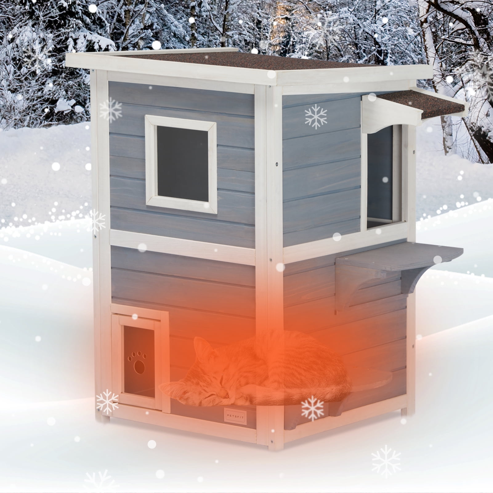 Petsfit 2-Story Weatherproof Outdoor Kitty Cat House/Condo/Shelter with Escape Door Gray