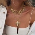 thumbnail image 5 of PISONIC 3‑Layer Gold Necklace Set, Irregular Wavy Choker & Oval Link Chain, Faux Pearl Cross Pendant for Women, 5 of 8