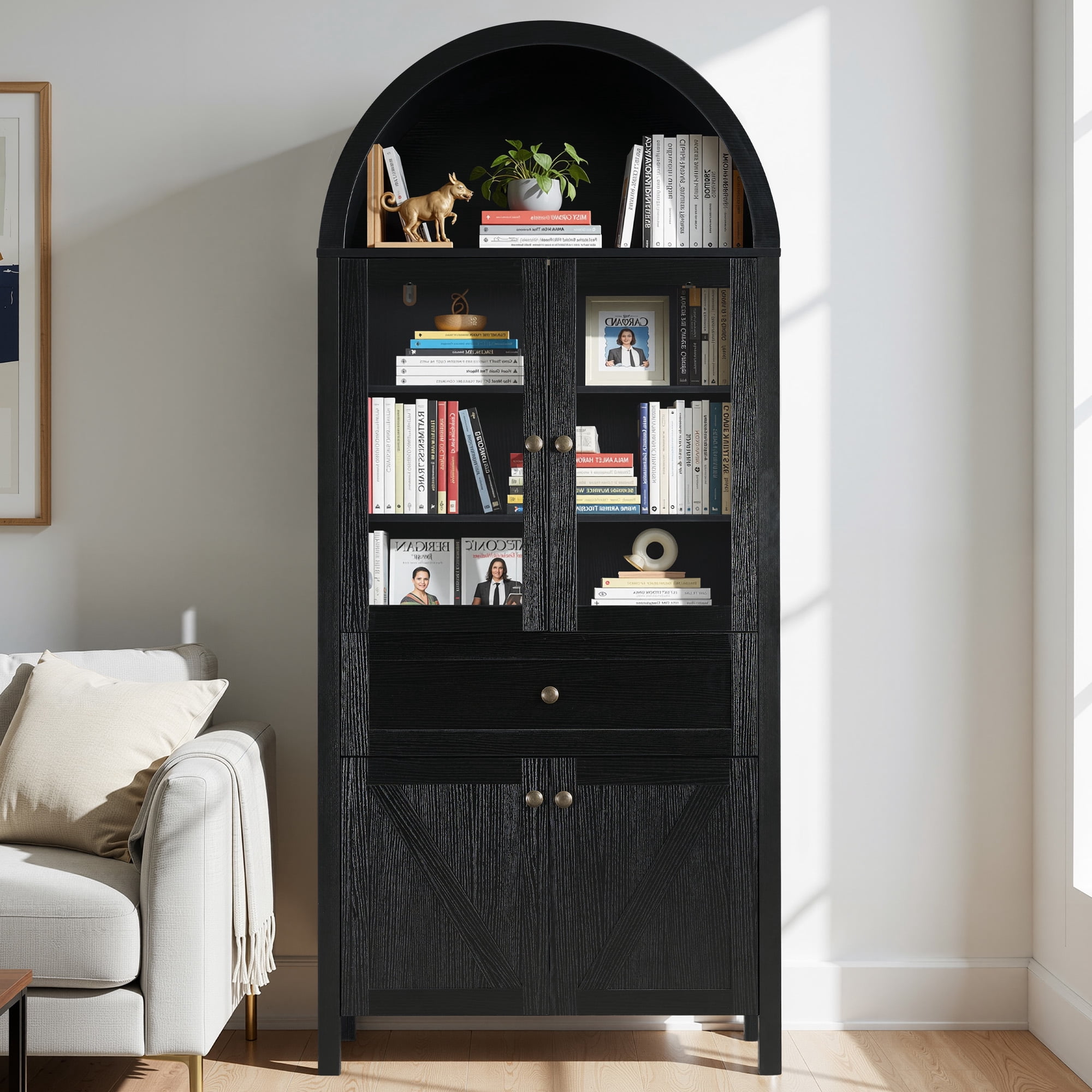HIUU 70"Tall Black Cabinet with Doors,Arched Cabinets with Drawers with Antique Craftsmanship,Modern Storage Cabinets Made of High-quality Materials,Tall Cabinet for Living Room