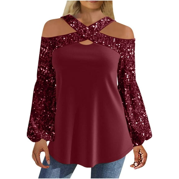 hotojiny Sequin Tops for Women Long Lantern Sleeve off Shoulder Blouses Crossover V Neck Going out Party Shirts Tunics Wine