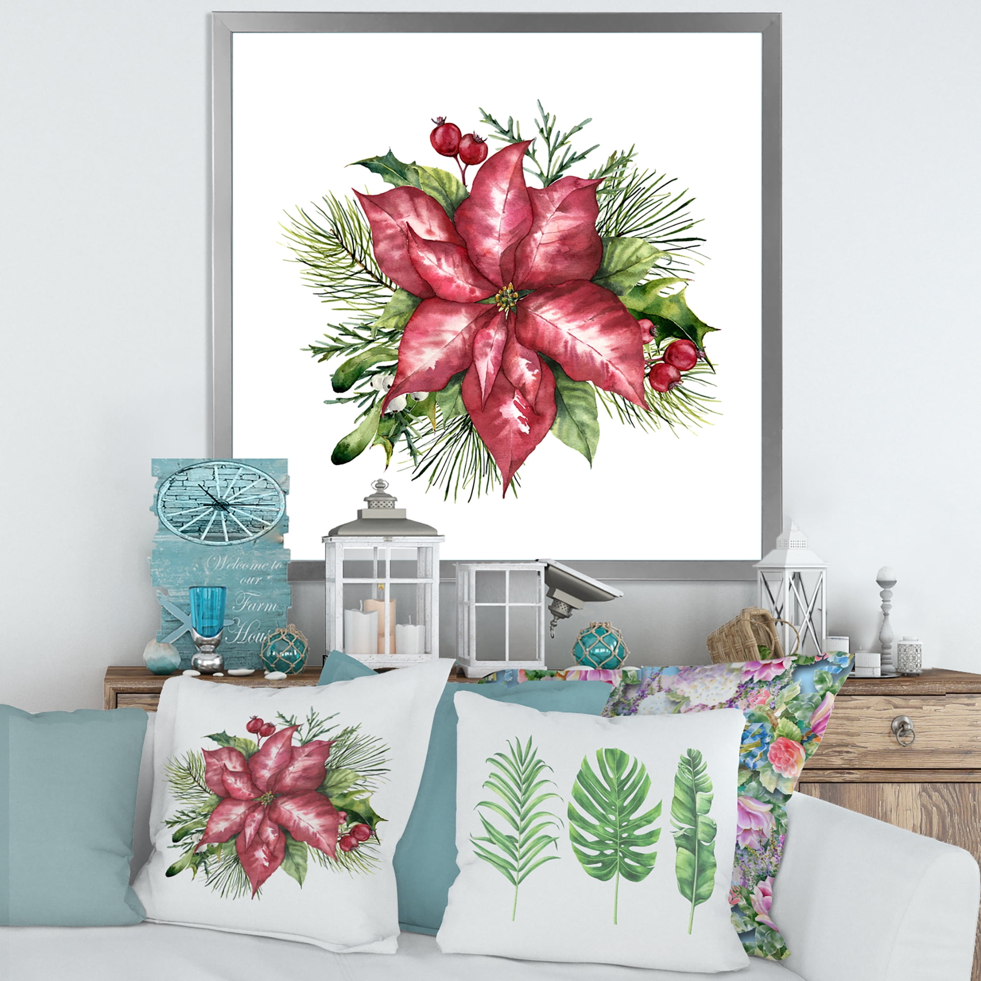 Designart 'Christmas Fir Branch and Holly Mistletoe Berries III' Traditional Framed Art Print