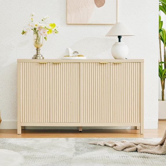 LAZZO 55" Fluted Buffet Cabinet, Kitchen Sideboard with Doors & Storage Shelves for Dining & Living Room, Natural Wood
